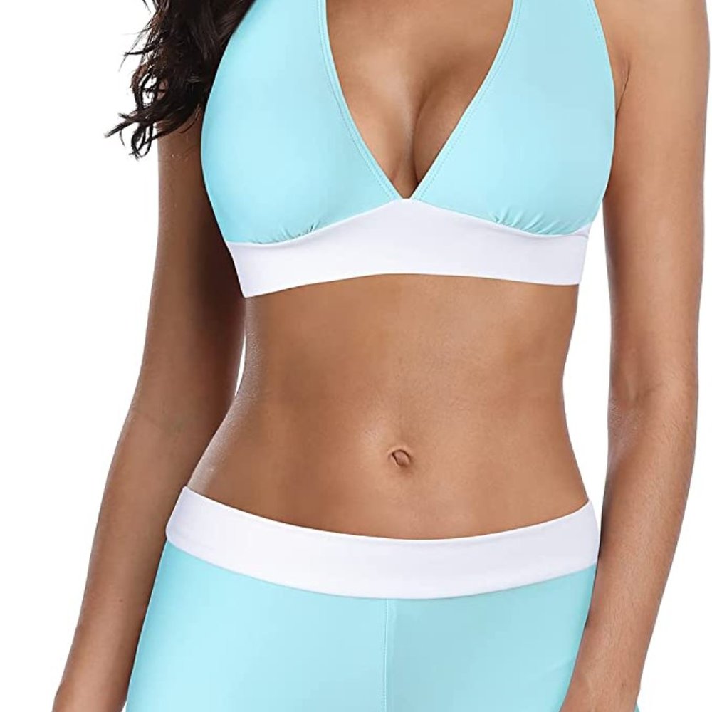 Sz L 2 Piece Halter Athletic Push Up Sporty V Neck Swimsuits X001RTKKFT